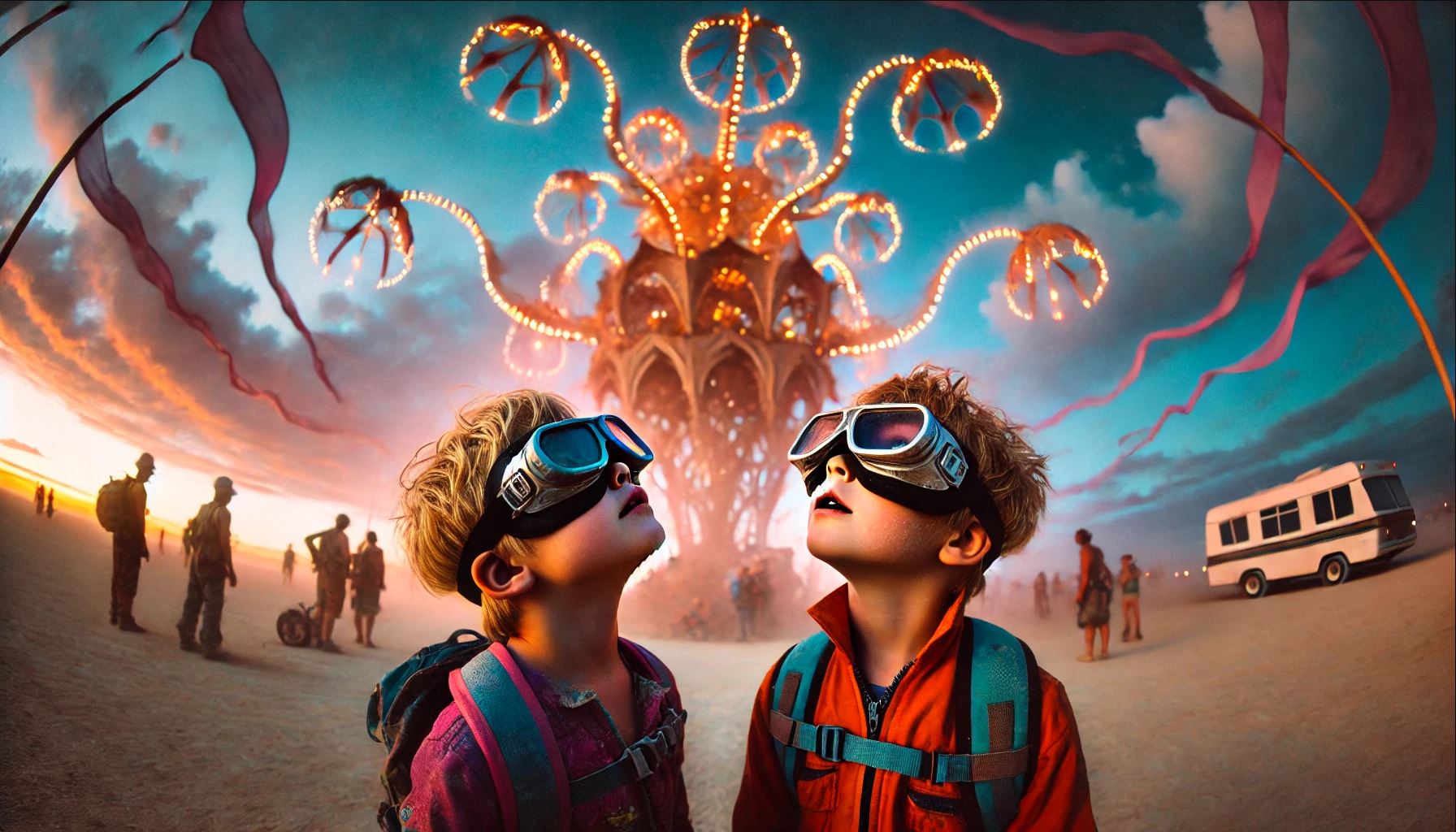 Children looking up in awe at large Burning Man art sculpture at dusk