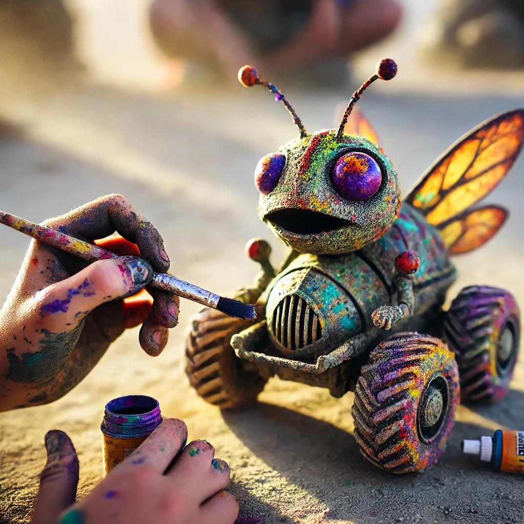 Child's hands decorating a small art vehicle with paint